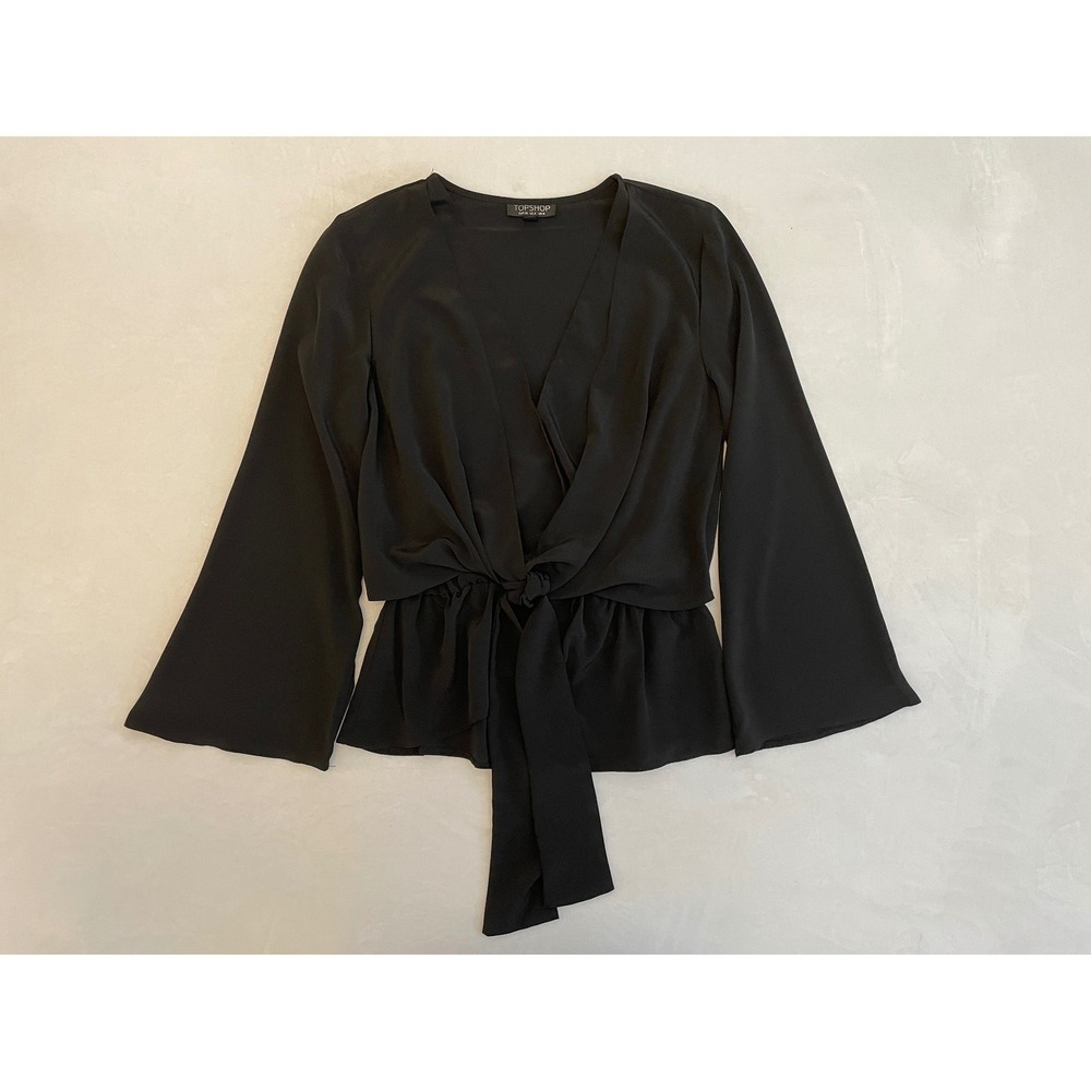 TOPSHOP Black Tie Front Bell Sleeve Wrap Blouse‎ Womens Size 4